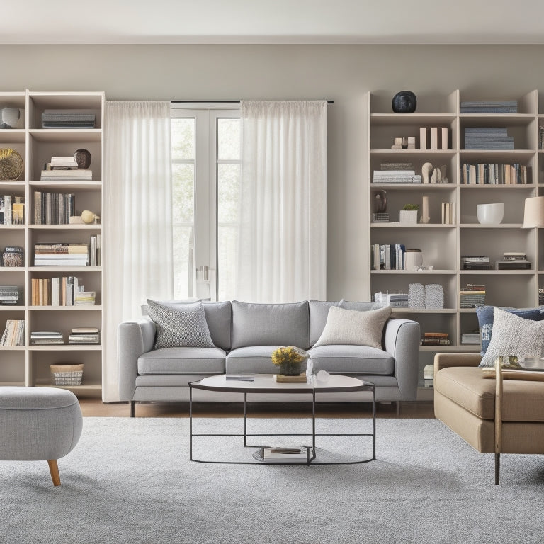 A clutter-free living room with sleek, minimalist shelving units, storage ottomans, and a statement wall featuring a floor-to-ceiling organizer system with neatly arranged books and decorative items.