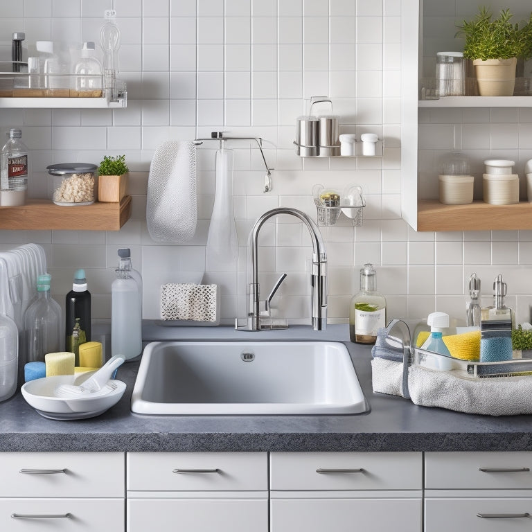 A tidy, modern kitchen sink area with a sleek, two-tiered under-sink organizer system, filled with neatly arranged cleaning supplies, bottles, and sponges, set against a crisp white background.