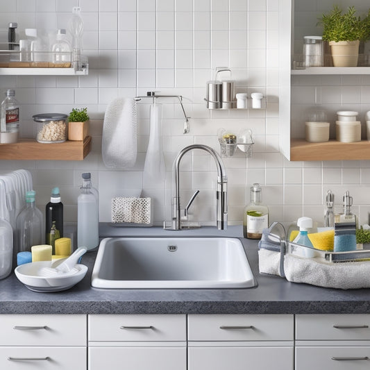 A tidy, modern kitchen sink area with a sleek, two-tiered under-sink organizer system, filled with neatly arranged cleaning supplies, bottles, and sponges, set against a crisp white background.