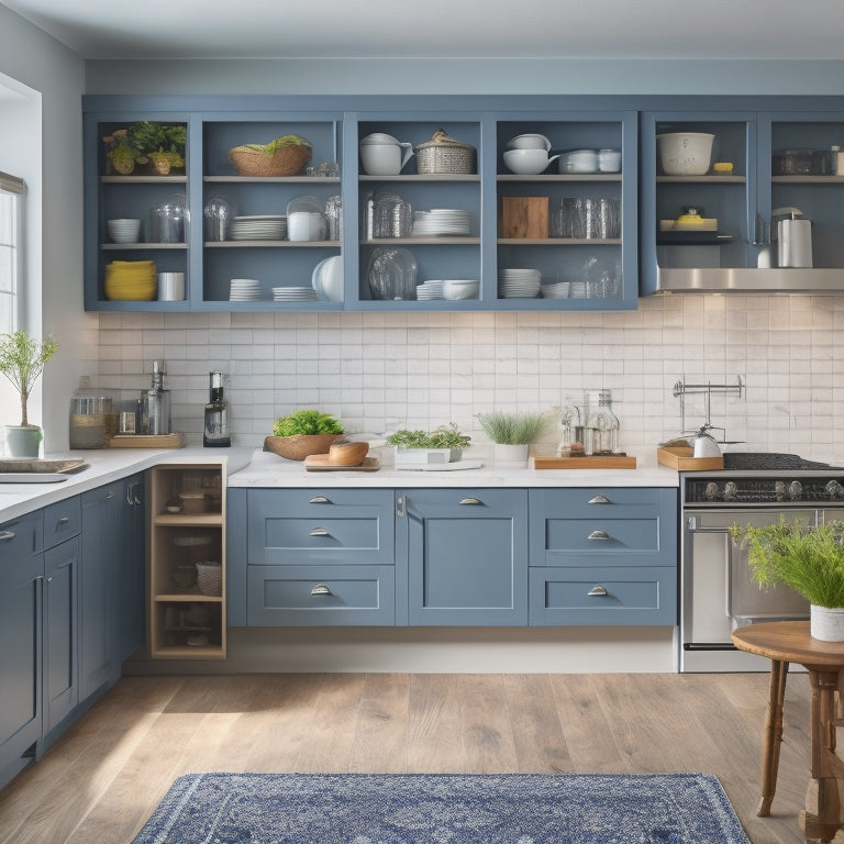 A bright, modern kitchen with sleek cabinets, a mix of open and closed shelving, and a large island with built-in drawers, baskets, and a utensil organizer, surrounded by minimal clutter.