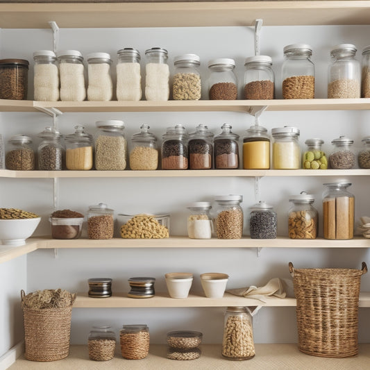 An organized pantry with labeled baskets, neatly arranged jars on shelves, and a rotating spice rack, set against a clean white background, with warm natural light and subtle shadows.