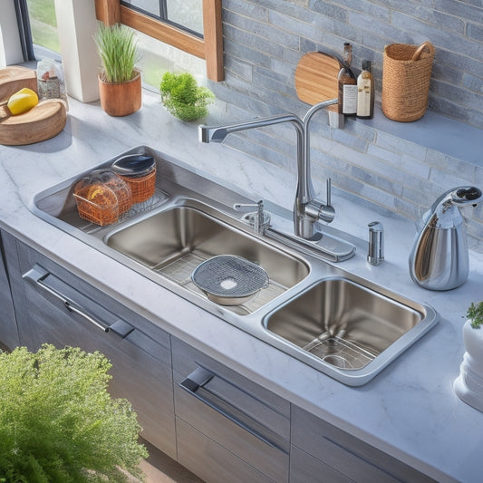 A modern kitchen sink area with a sleek, stainless steel sink and surrounding countertops, featuring a variety of innovative organizers, including a slide-out trash can, a built-in soap dispenser, and a utensil holder.