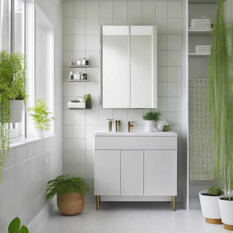 A serene bathroom with a wall-mounted, mirrored cabinet, a recessed shelving unit, and a freestanding tub surrounded by a minimalist, white-tiled floor and a lush green plant.