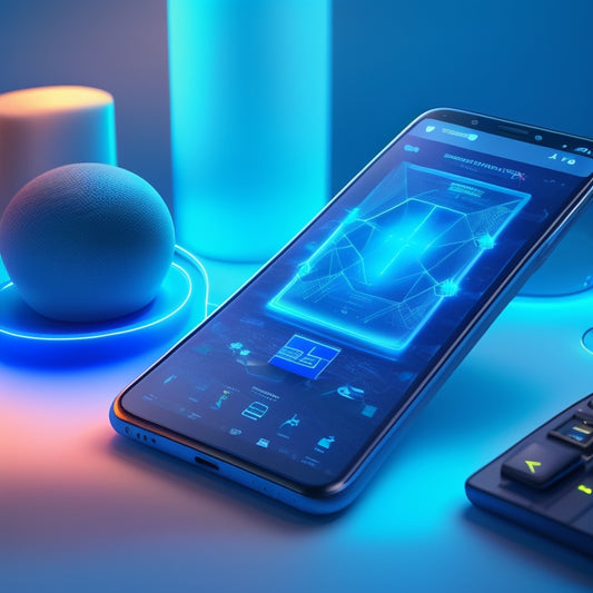 A futuristic, minimalist background with a large, sleek smartphone displaying a 3D guide of a complex product, surrounded by floating, glowing blue diagrams and arrows, highlighting interactive hotspots.