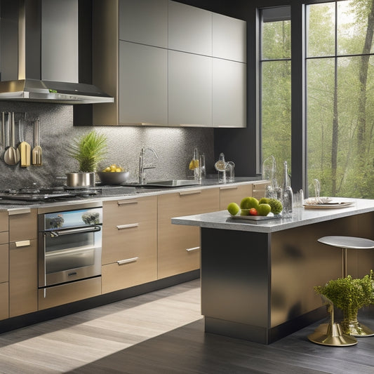 A sleek, modern kitchen with a massive, shiny stainless steel sink as the centerpiece, surrounded by high-end appliances, gleaming countertops, and a few artfully placed kitchen utensils.