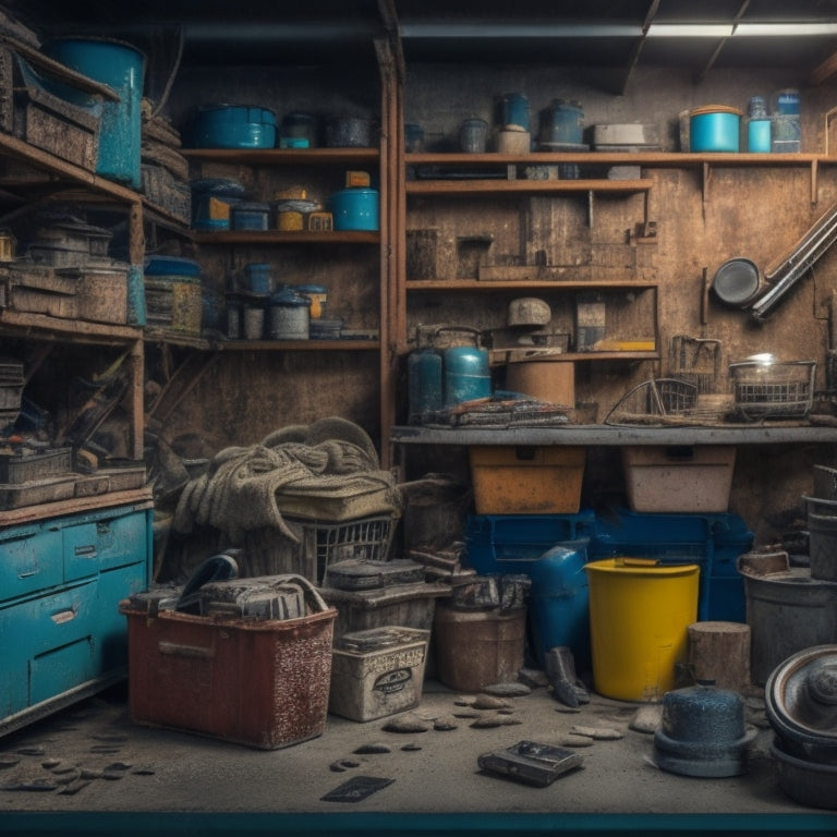 A cluttered garage with a rusty old shelving unit collapsing under the weight of stacked boxes, tools, and machinery, amidst a backdrop of scattered nuts, bolts, and broken appliances.