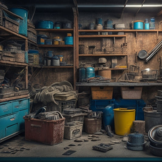 A cluttered garage with a rusty old shelving unit collapsing under the weight of stacked boxes, tools, and machinery, amidst a backdrop of scattered nuts, bolts, and broken appliances.