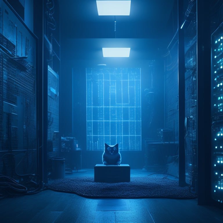 A dimly lit, mysterious hacker's lair with a giant, glowing GitHub octocat logo emerging from a maze of code-filled screens and tangled cables, surrounded by faint, eerie blue lights.