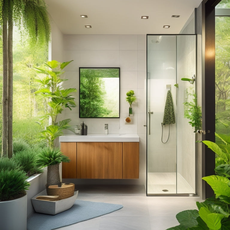 A serene, modern bathroom with a wall-mounted sink, a compact toilet, and a sleek, sliding glass door shower enclosure, surrounded by reflective surfaces and lush greenery.