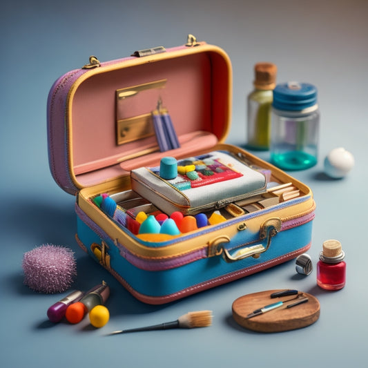 A whimsical, colorful illustration of a miniature suitcase overflowing with tiny art supplies, including paintbrushes, miniature canvases, and tiny sculptures, surrounded by scattered miniature objects and tools.