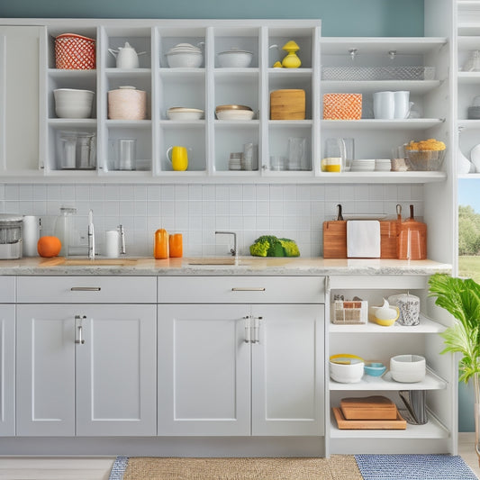 A bright, modern kitchen with opened cabinets showcasing a variety of budget-friendly organizers, including stackable baskets, adjustable shelves, and adhesive hooks, in a clean and minimalist aesthetic.