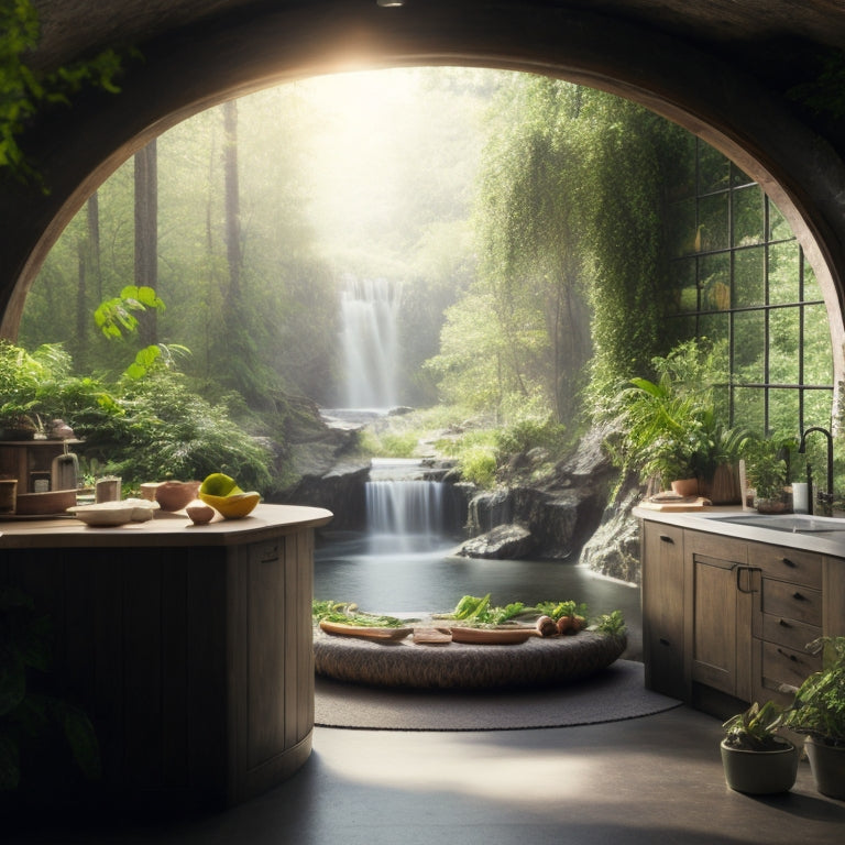 A serene kitchen with a large, circular island made of reclaimed wood, surrounded by lush greenery, with a calming waterfall feature in the background and natural light pouring in through a skylight.