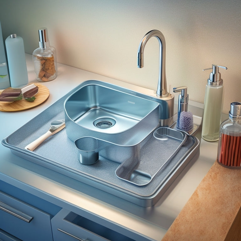 An illustration of a sleek, modern sink with a stainless steel organizer system, featuring tiered trays, adjustable dividers, and a soap dispenser, all secured to the sink basin with sturdy, chrome-finished hardware.