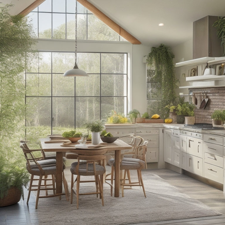 An airy kitchen with large windows, a spacious island, pendant lighting, and a wine fridge, surrounded by a lush greenery-filled patio and a dining area with a long, rustic wooden table.