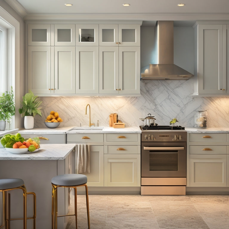 Illustrate a compact, modern kitchen with sleek, handle-less cabinets, a wall-mounted cooktop, and a space-saving, pull-down kitchen table, set against a light-gray, marble-patterned backsplash.