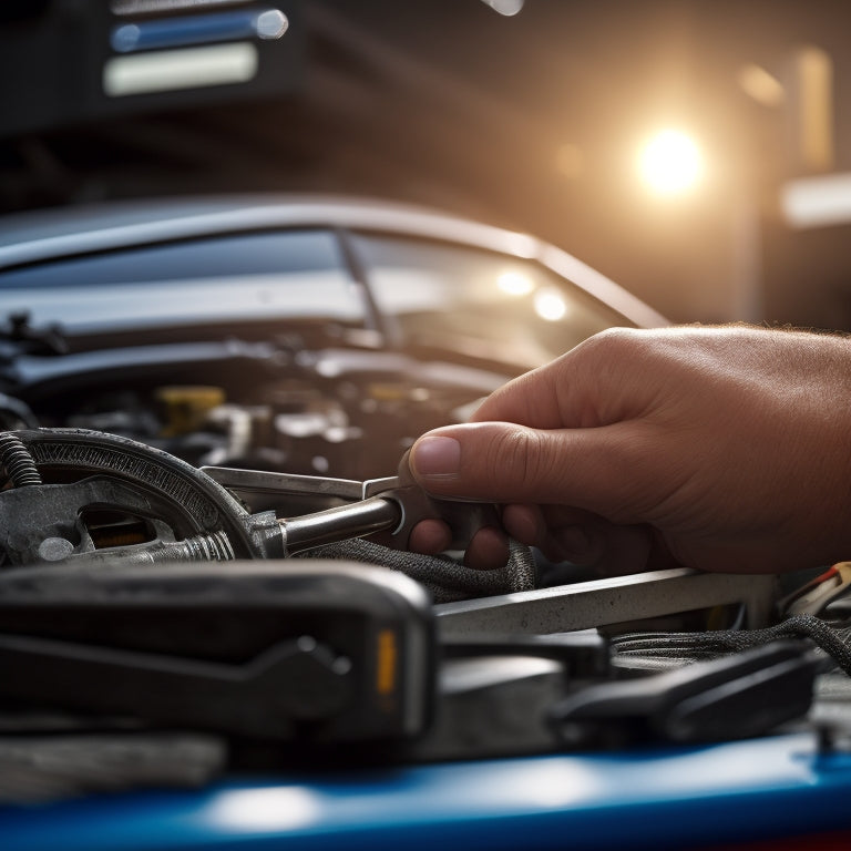 A close-up of a mechanic's hands holding a wrench, surrounded by open Camaro hood, tools, and diagrams, with a blurred background of a garage or workshop.