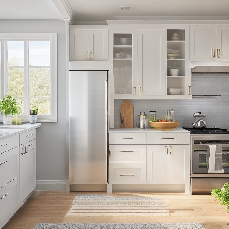 A modern kitchen with sleek, white cabinets, featuring a Rev-A-Shelf pull-out pantry with chrome handles, filled with organized kitchen essentials, set against a warm, natural light background.