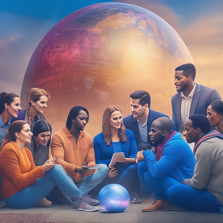 A vibrant illustration depicting a diverse group of students, faculty, and staff gathered around a large, glowing sphere, surrounded by speech bubbles, tablets, and laptops, amidst a bustling university campus background.