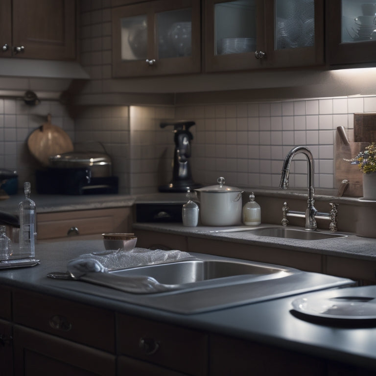 A dimly lit kitchen with cluttered countertops, overflowing cabinets, and a messy sink, with a faint outline of a clean and organized kitchen in the background, contrasting the two states.