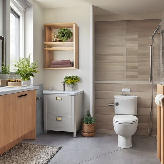 A modern bathroom with a wall-mounted, sliding-door cabinet in a sleek, matte finish, showcasing a step-by-step riser system with woven baskets and a recessed toilet paper holder.