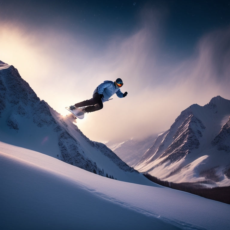 A snow-capped mountain peak at dusk, with a lone snowboarder in mid-air, performing a daring stunt, surrounded by a swirling storm of snowflakes, with the UNW8 snowboard's sleek design visible.