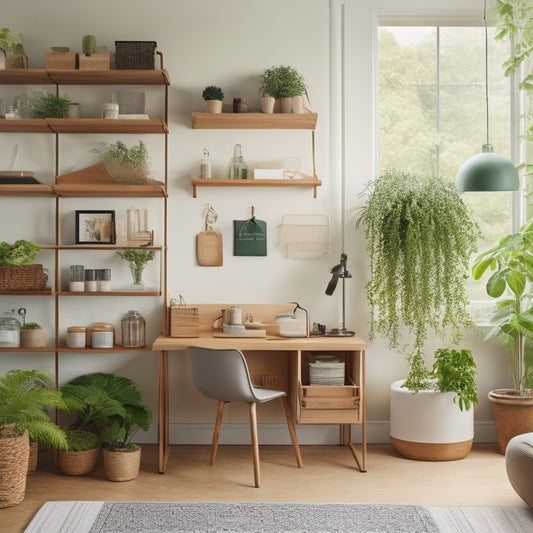 A bright, minimalist room with a Murphy desk, a pegboard for hanging bags and accessories, and a floor-to-ceiling shelf with woven baskets and labeled jars, surrounded by lush green plants.