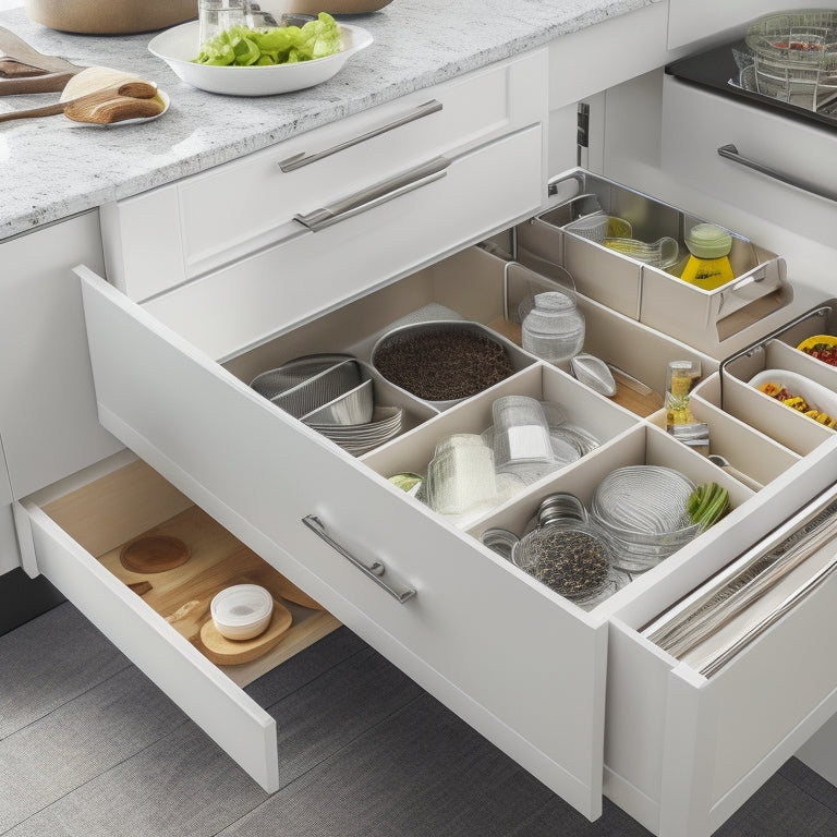 A bright, modern kitchen with sleek white cabinets, featuring various inserts: a utensil organizer with dividers, a spice rack, a lazy Susan, and a pull-out drawer with adjustable compartments.