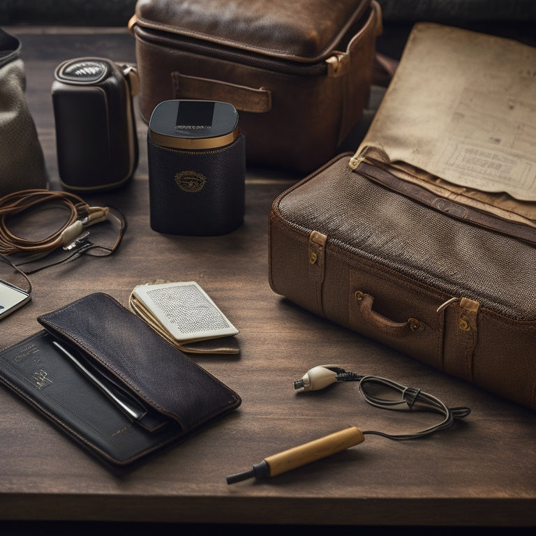 A worn leather passport wallet lies open on a vintage suitcase, surrounded by a tangled mess of earbuds, a portable power bank, and a crumpled packing cube.