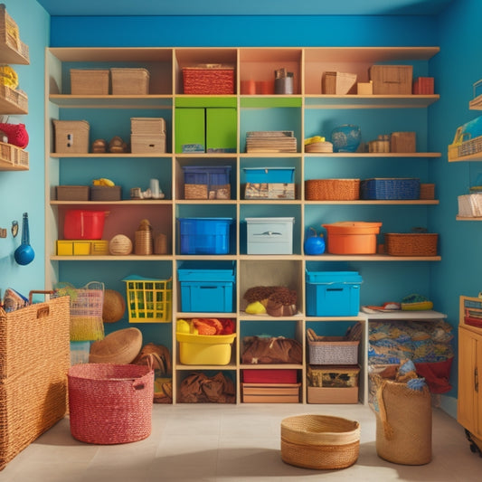 A clutter-free room with shelves, cabinets, and drawers of varying sizes and materials, surrounded by baskets, bins, and stacks of colorful boxes, with a few floating objects in mid-air.