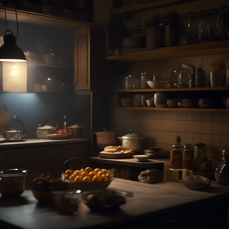 A dimly lit kitchen with cabinet doors slightly ajar, revealing cluttered shelves, expired food, and mysterious shadows, with a few utensils and cookbooks spilling out onto the countertops.