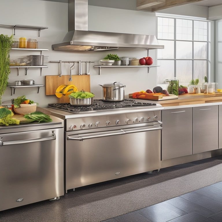 A modern, sleek kitchen with stainless steel Avantco equipment, including a refrigerated prep table, a gas range, and a commercial-grade mixer, surrounded by vibrant fresh produce and utensils.