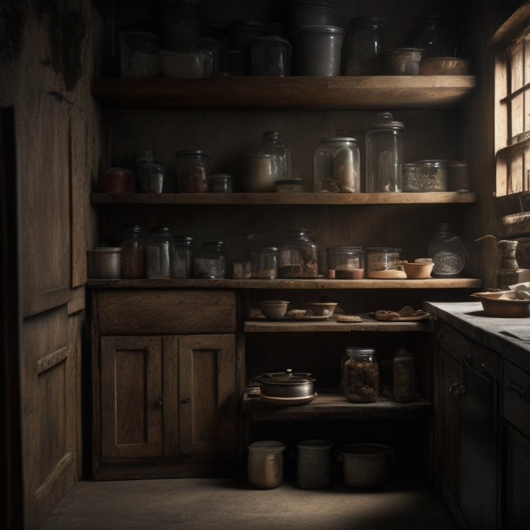 A dimly lit, cluttered kitchen cabinet with worn wooden shelves, overflowing with mysterious containers, dusty jars, and forgotten appliances, surrounded by cobwebs and faint shadows.