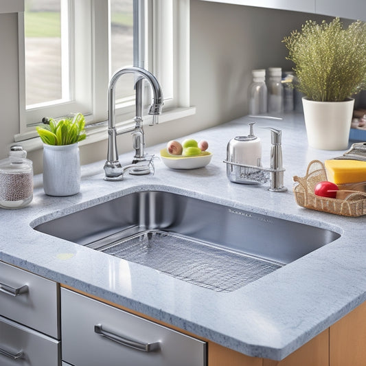 A clutter-free kitchen sink area with a sleek, stainless steel organizer system featuring separate compartments for soap, sponges, and scrubbers, surrounded by gleaming countertops and a spotless sink basin.