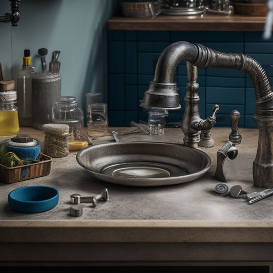 A photograph of a person's hands holding a sink shelf, with a sink basin and faucet in the background, surrounded by tools and hardware, on a cluttered countertop.
