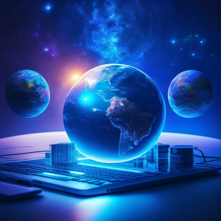 A futuristic, glowing globe surrounded by orbiting laptops, tablets, and smartphones, with colorful project management tools and charts radiating from its center, set against a dark blue, starry night sky.