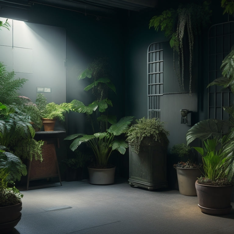 A dimly lit, humid basement with water-stained walls, transformed into a bright, well-lit space with a dehumidifier, mold-resistant paint, and a drainage system, surrounded by lush green plants.