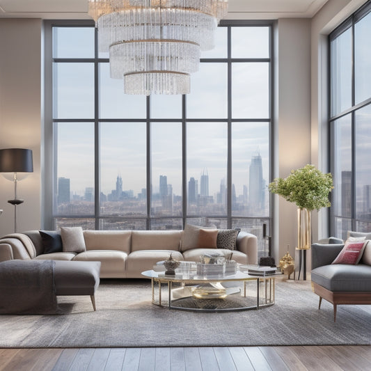 A modern, sleek living room with large windows, polished wooden floors, and a stunning chandelier, surrounded by renovation tools and materials, with a subtle cityscape view in the background.