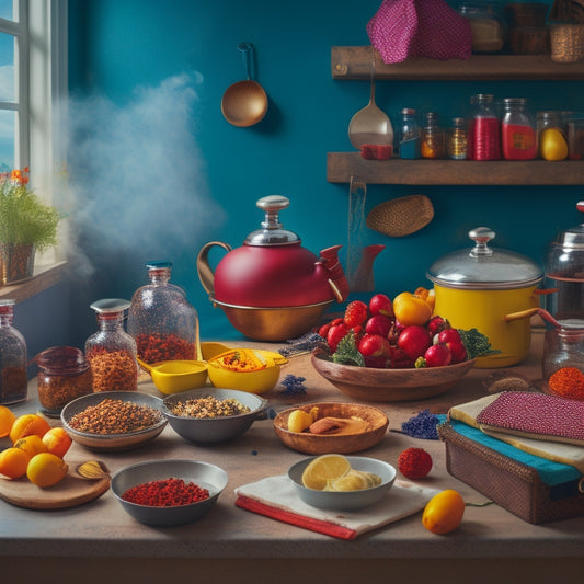 A whimsical kitchen scene with a mix of utensils, ingredients, and cookbooks scattered around a central island, surrounded by swirling clouds of colorful spices and a faint aura of creative energy.