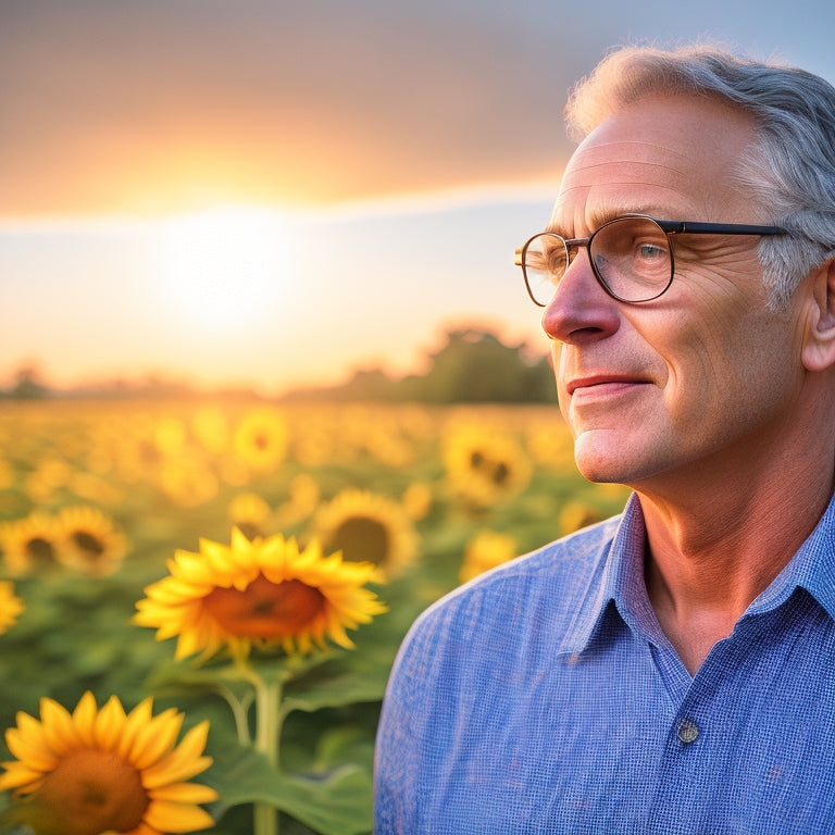 A serene portrait of Steve Kaufer surrounded by a lush, vibrant sunflower garden, with tall, statuesque blooms towering above him, their bright yellow petals shining like mini suns.