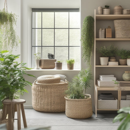 A tidy, minimalist workspace with a mix of open shelving, woven baskets, and stackable containers in neutral colors, surrounded by a few carefully placed, lush green plants.