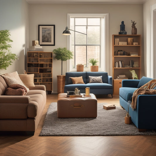 A tidy, well-lit living room with a few cleverly hidden storage units, such as a sleek ottoman and a hollowed-out coffee table, surrounded by a few Amazon boxes and packing materials.