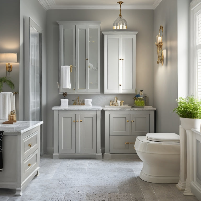 A serene, well-lit bathroom with a freestanding tub, featuring a wall-mounted cabinet with glass doors, a pedestal sink with a slide-out drawer, and a ladder storage unit against a gray, veined marble wall.