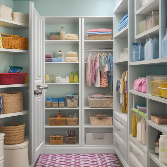 A tidy, well-lit closet with sleek shelves, baskets, and hooks, showcasing an array of colorful cleaning supplies, such as bottles, sprays, and dusters, neatly categorized and easily accessible.