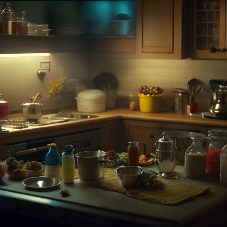 A dimly lit kitchen with cluttered countertops, dusty appliances, and expired food containers, featuring a blurry background with visible dust particles and allergens floating in the air.