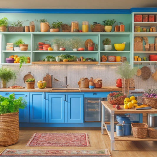 A colorful, clutter-free kitchen with a mix of open shelving, baskets, and cabinets showcasing a variety of plant-based food items, cookbooks, and utensils, with a few potted herbs on the countertop.