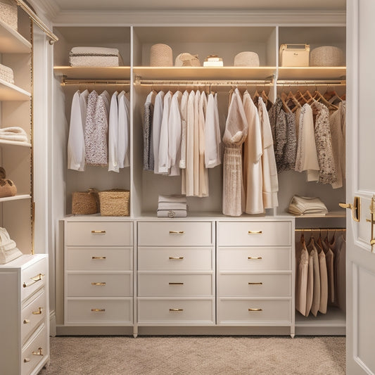 A serene, organized closet with cream-colored shelves, velvet-lined drawers, and a floor-to-ceiling shoe rack, illuminated by soft, golden lighting and adorned with a few, carefully selected outfits on wooden hangers.