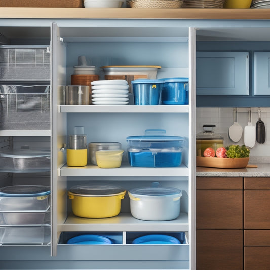 A cluttered small kitchen cabinet with messy stacks of lids, contrasted with a neat and organized cabinet featuring a custom lid storage system with dividers and a pull-out tray.