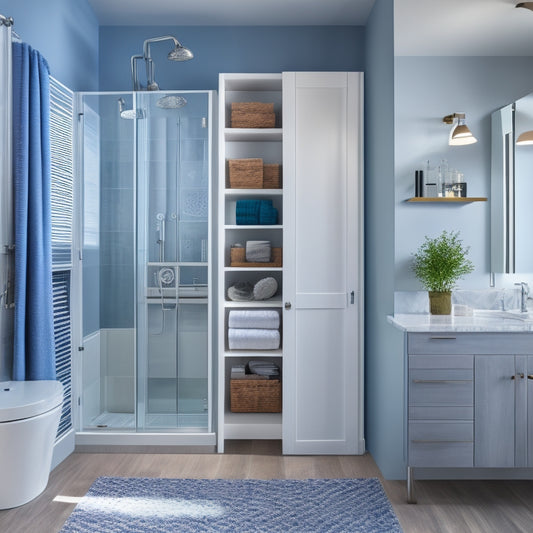 A modern bathroom with a wall-mounted cabinet featuring a mirrored door, a recessed medicine cabinet, and a floor-to-ceiling storage unit with baskets and a towel rack.