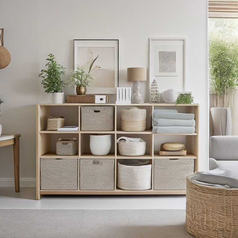 A bright, modern living room with sleek, minimalist shelves and drawers, showcasing a variety of stylish storage bins, baskets, and stackable containers in neutral tones and natural materials.