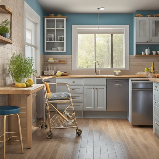 An image of a wheelchair-accessible kitchen with lowered countertops, roll-out shelves, and a sink with knee space, featuring a cheerful color scheme and plenty of natural light.